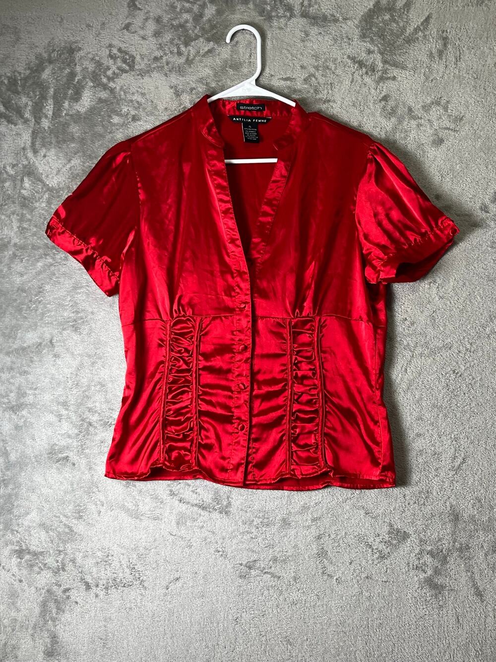 Vintage Y2K Femme Red‎ Satin Blouse Ruched Puff Sleeve Babydoll Top Size Medium